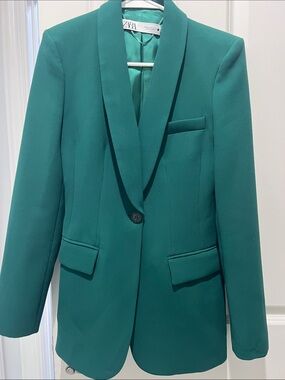 Zara Emerald Green Single-Button Shawl-Collar Blazer